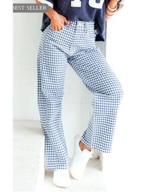 Just Black Denim Gingham Barrel Jeans Women 29 Navy Blue Wide Leg Cottage Preppy